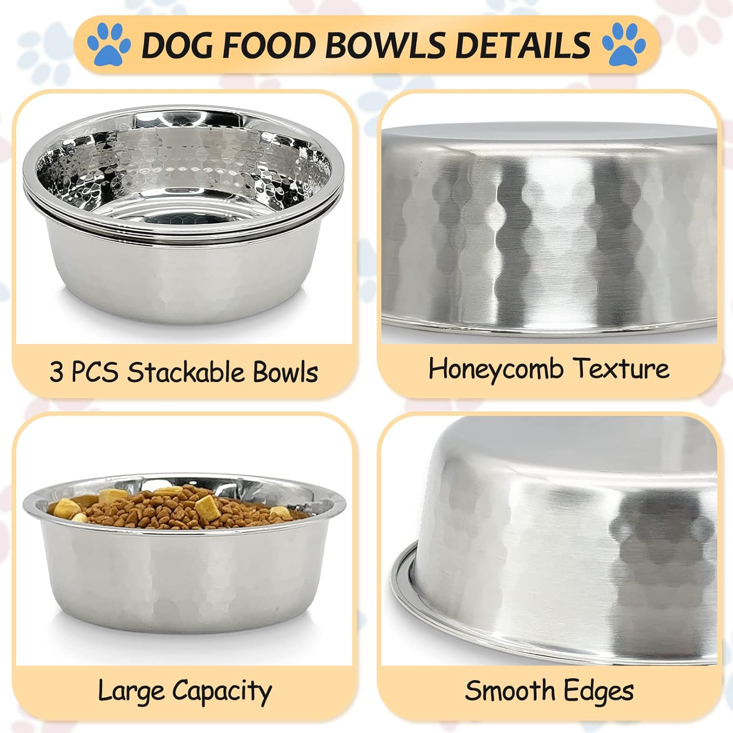 3 Pack Hammered Stainless Steel Cat Bowls, 2 Cups/16 Oz Premium Metal Puppy Feeder Bowl Set for Raised Feeding Station Basic Kitten Food & Water Dishes for Small & Medium Pets Dishwasher Safe