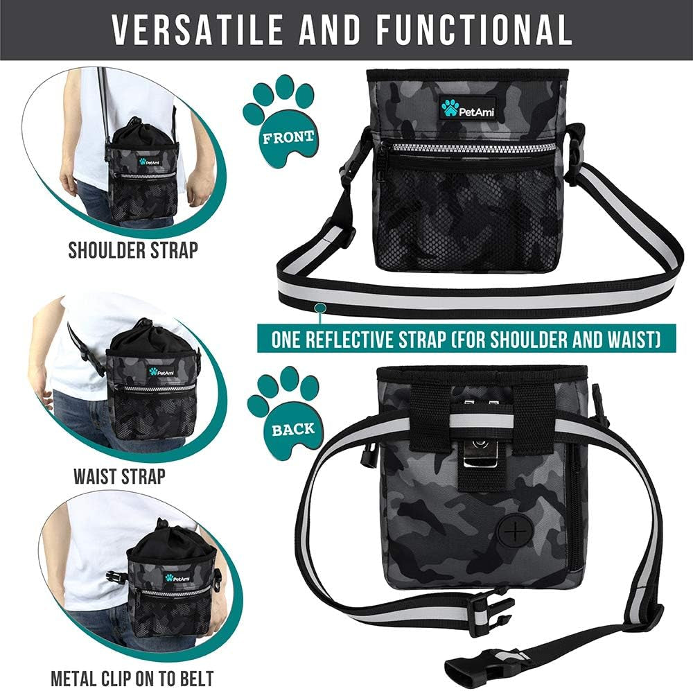 Camo Black Dog Training Treat Pouch – 3-Way Wear with Poop Bag Holder