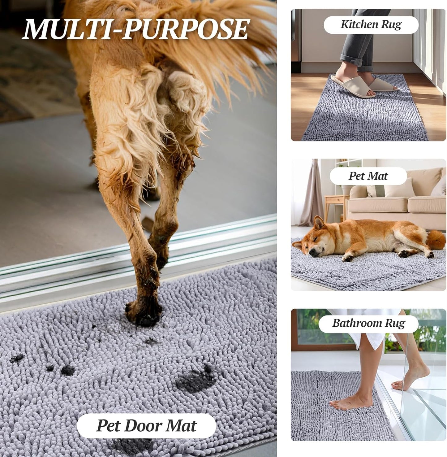 Dog- Door Mat Absorpmax Dog Mat for Muddy Paw, 35 × 25", Grey | Mud Rug with Non Slip Backing for Indoor & Outdoor, Washable Soft Chenille anti Mud Waterproof