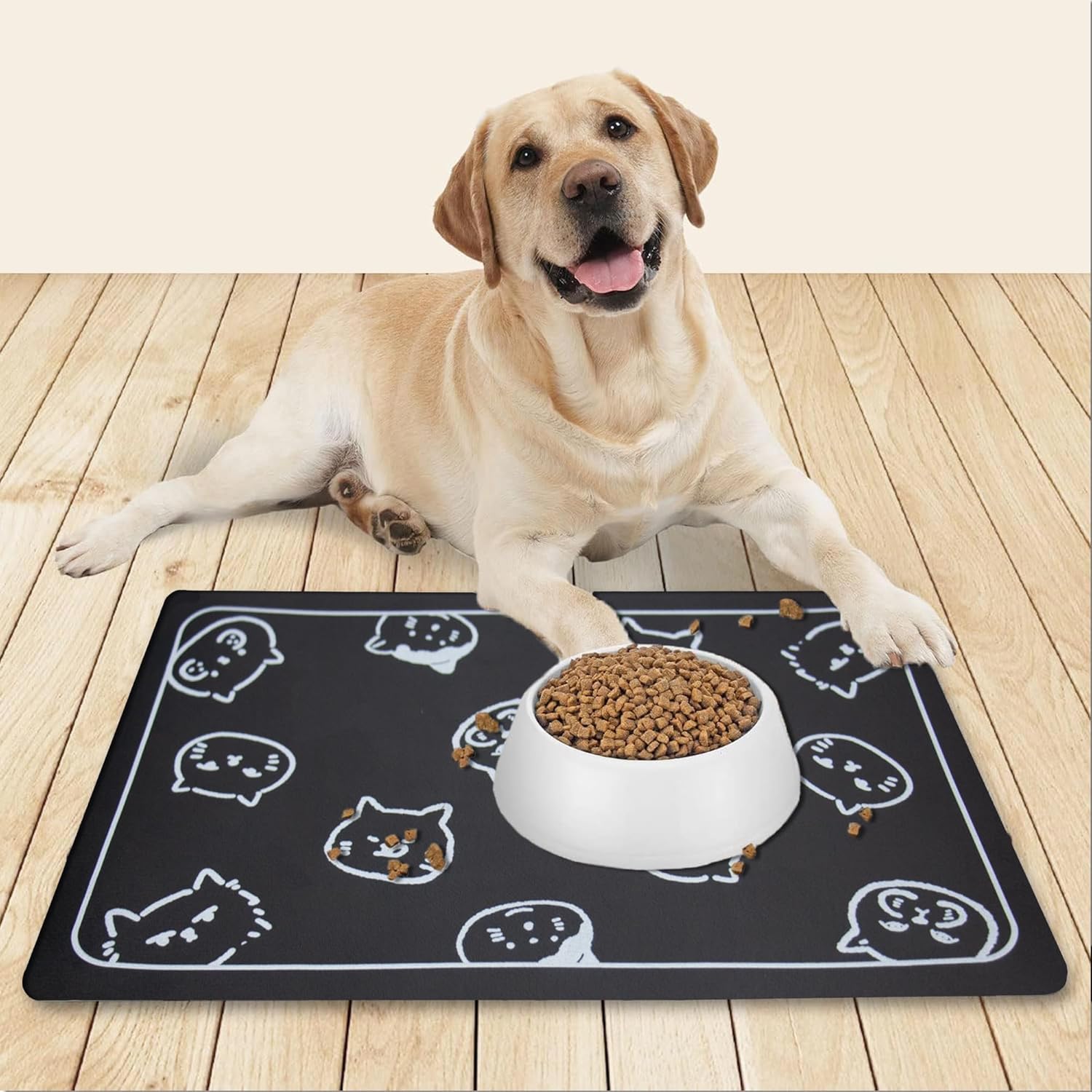 Cat Food Mat for Pet Dog Food Mat, Cat Mat for Food and Water, Cat Feeding Mat Pet Dog Cat Bowl Mat, Non-Slip Super Absorbent, with Multiple Cat Heads Logo，18.1 X 11.8 Inches, Dark Grey