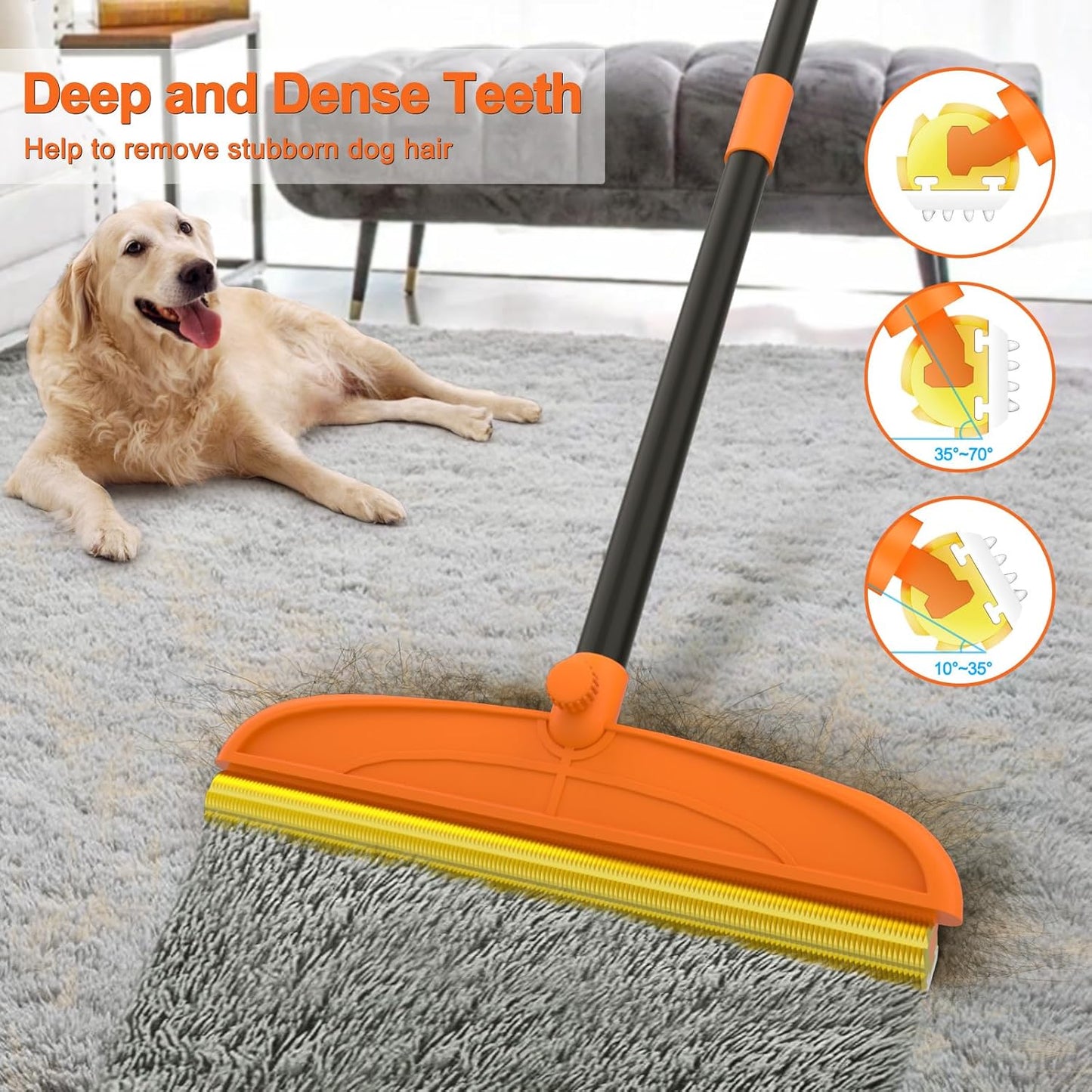 Carpet Rake for Pet Hair Removal, 5FT Reusable Pet Hair Removal Tool with Adjustable Handle, 3 in 1 Lint Remover Dog Cat Fur Remover Broom for Rugs, Mats, Beds, Stairs, Couch