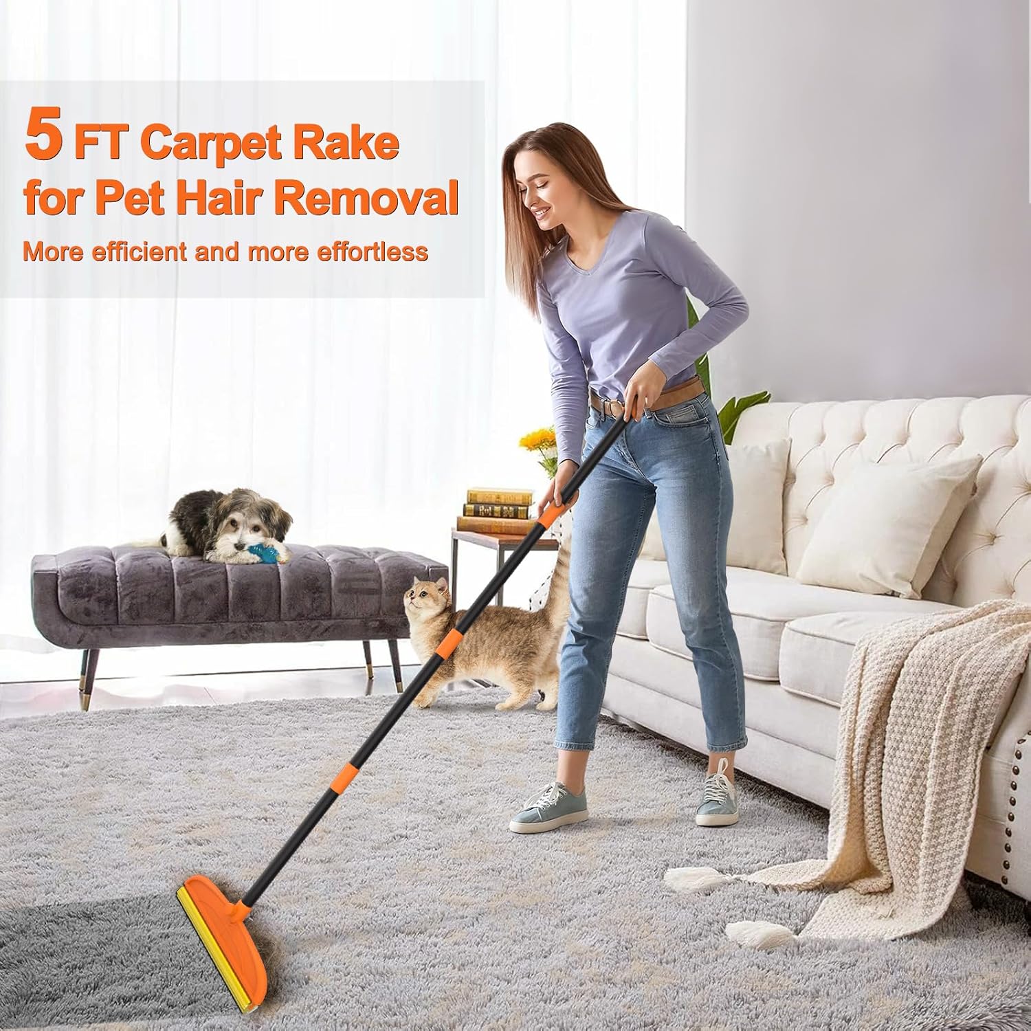Carpet Rake for Pet Hair Removal, 5FT Reusable Pet Hair Removal Tool with Adjustable Handle, 3 in 1 Lint Remover Dog Cat Fur Remover Broom for Rugs, Mats, Beds, Stairs, Couch