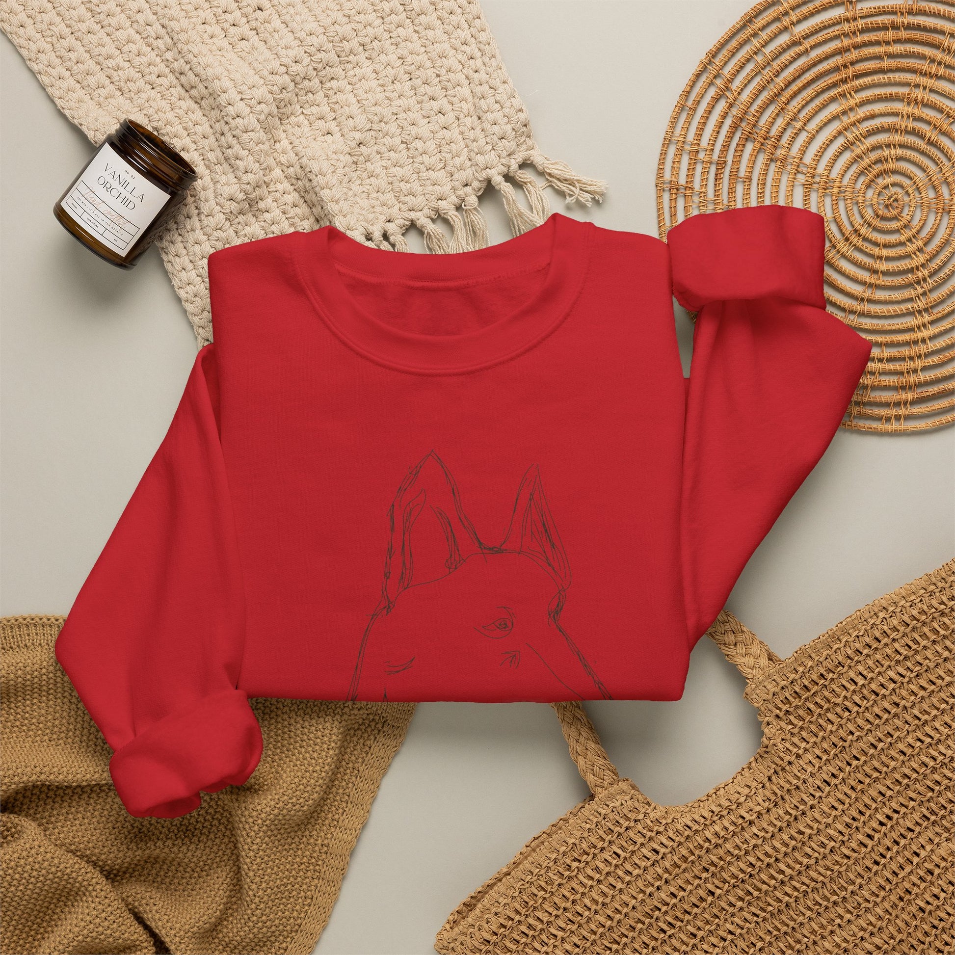 White Crewneck Sweatshirt with Minimalist German Shepherd Sketch — 'Guardian Every Season'