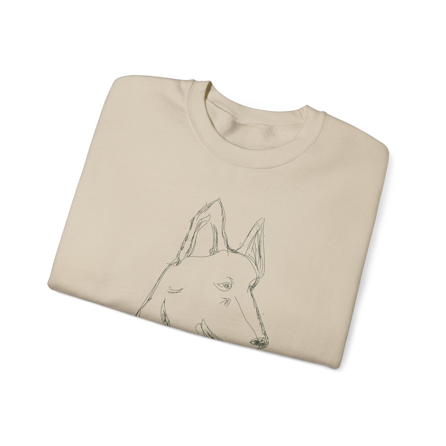 White Crewneck Sweatshirt with Minimalist German Shepherd Sketch — 'Guardian Every Season'