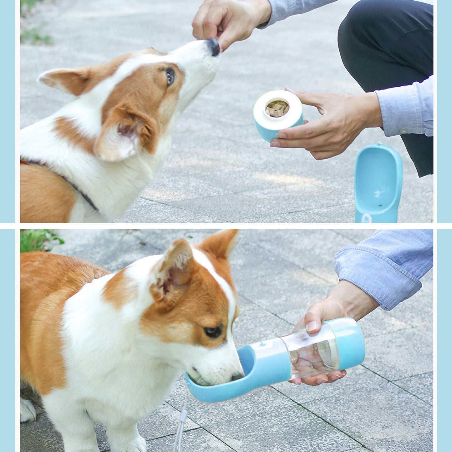 Leakproof Outdoor Dog Water Bottle with Built-In Food Container – Travel Friendly