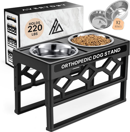 Elevated Dog Bowls-4 Height Adjustable Stand for Medium and Large Dogs, Raised Dog Feeder Holder with 2 Stainless Steel Food and Water Bowls, Anti-Slip Base Tall Feeding Station Large Black Stand + 2 Food Bowls