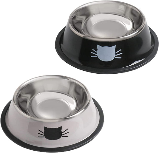 Cat Bowls for Food and Water,2Pcs Non-Slip Stainless Steel Small 8 Oz Pet Bowl with Removable Rubber Base Dog Bowl,Stackable Puppy Dishes with Cute Cat Painted Default Title